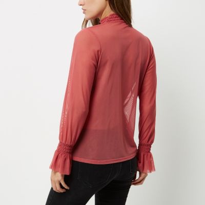 Coral shirred neck textured mesh top